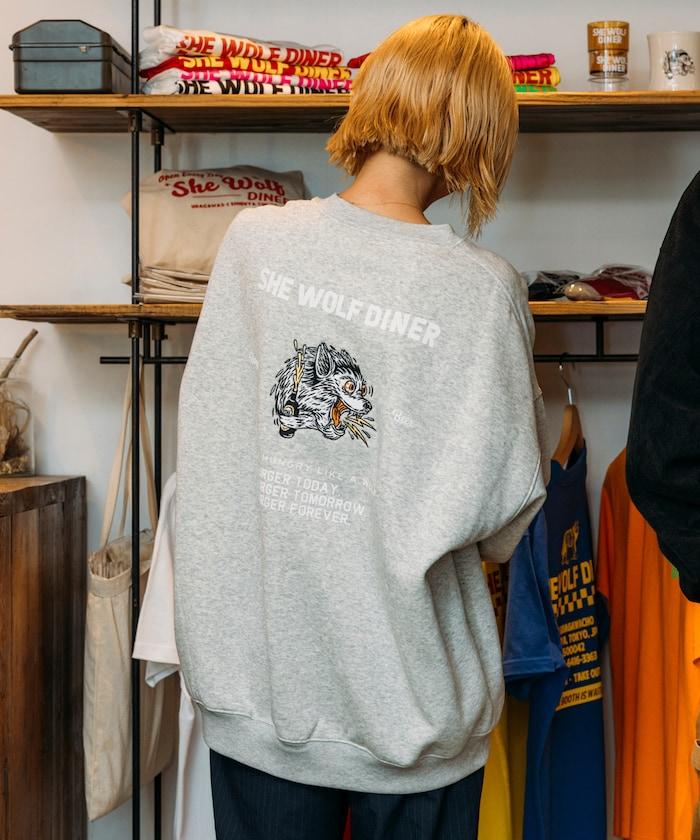 SHE WOLF DINER×FREAK'S STORE/シーウルフダイナー特別款寬鬆版型後背刺繡圓領衛衣/WOLF