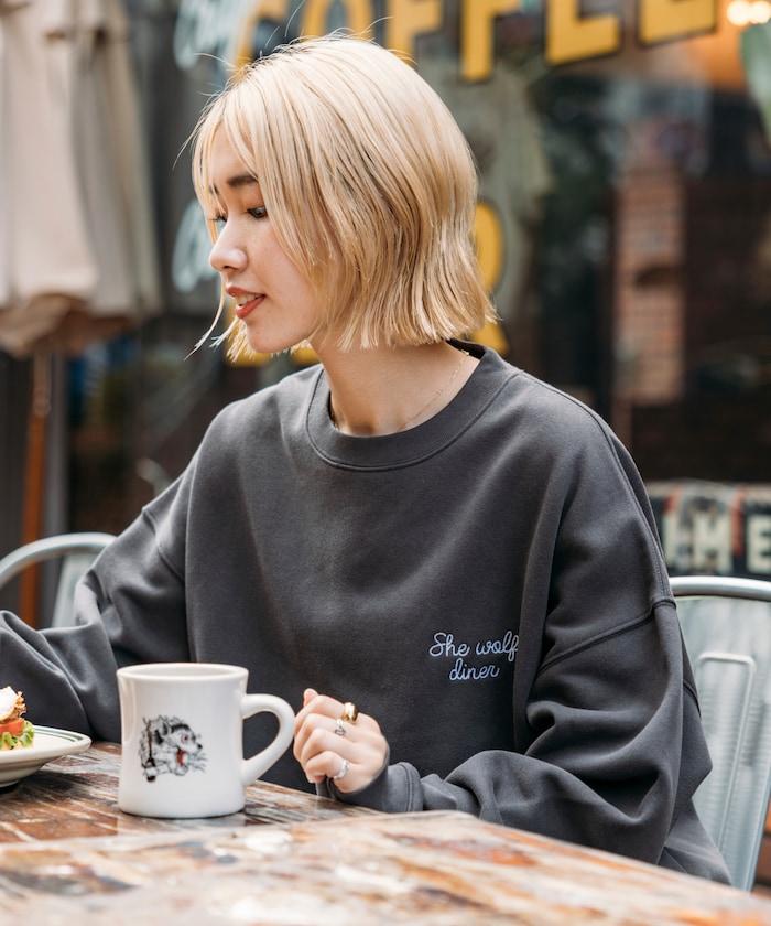 SHE WOLF DINER×FREAK'S STORE/シーウルフダイナー特別款寬鬆版型後背刺繡圓領衛衣/WOLF
