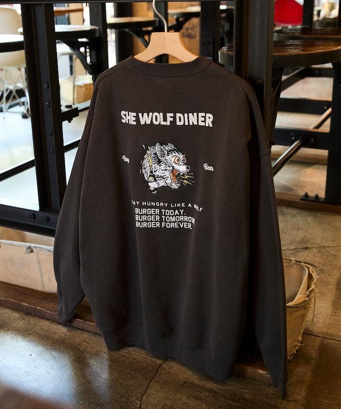 SHE WOLF DINER×FREAK'S STORE/シーウルフダイナー特別款寬鬆版型後背刺繡圓領衛衣/WOLF
