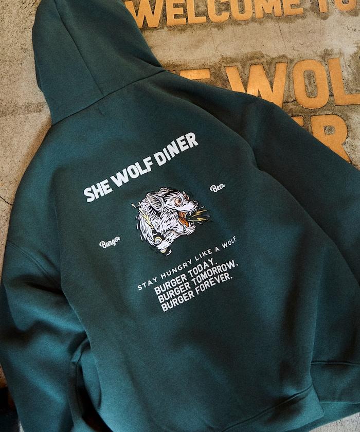 SHE WOLF DINER×FREAK'S STORE/シーウルフダイナー特別款寬鬆版型背部刺繡連帽衛衣/WOLF