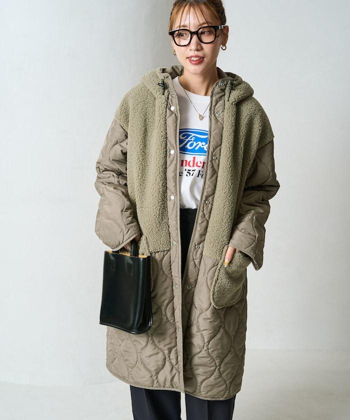 羊羔絨拼接菱格長款大衣