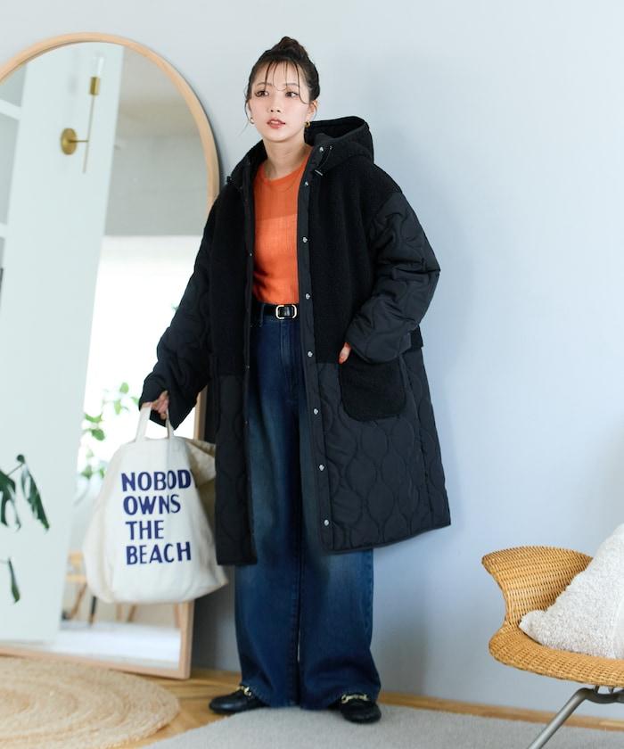 羊羔絨拼接菱格長款大衣