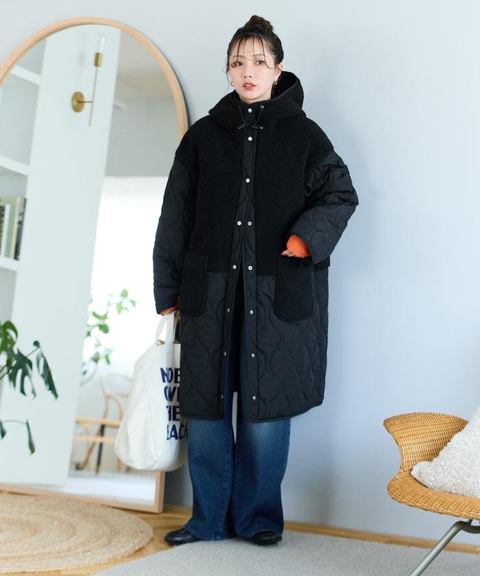 羊羔絨拼接菱格長款大衣