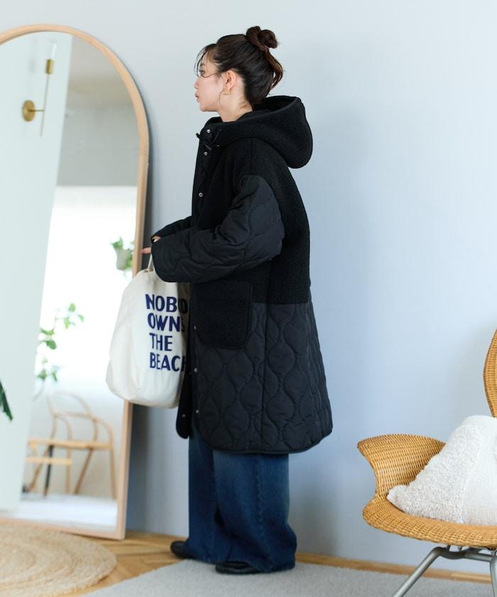 羊羔絨拼接菱格長款大衣