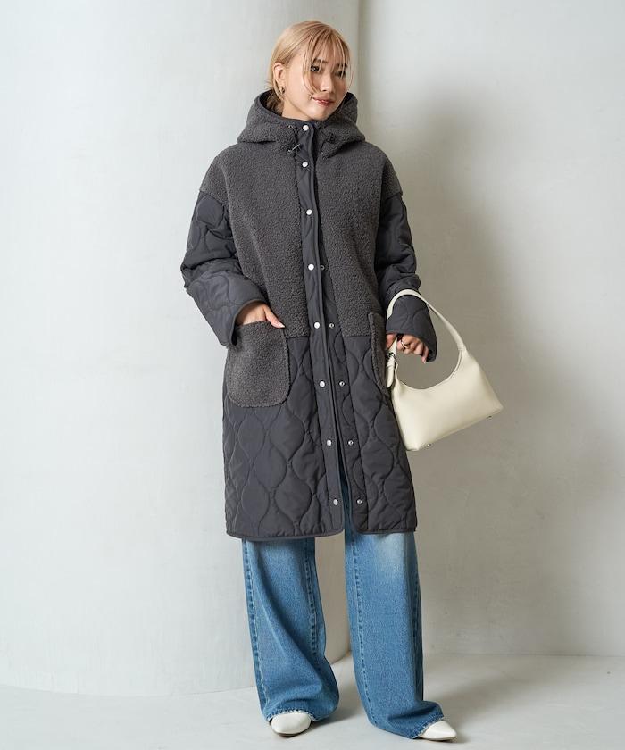 羊羔絨拼接菱格長款大衣