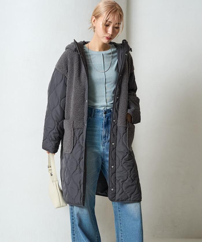 羊羔絨拼接菱格長款大衣