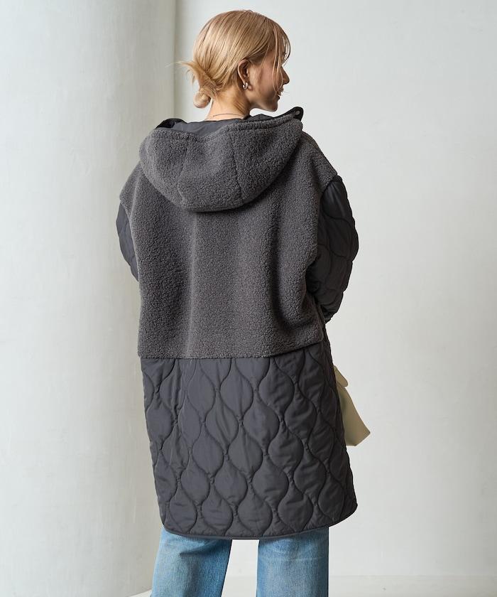 羊羔絨拼接菱格長款大衣