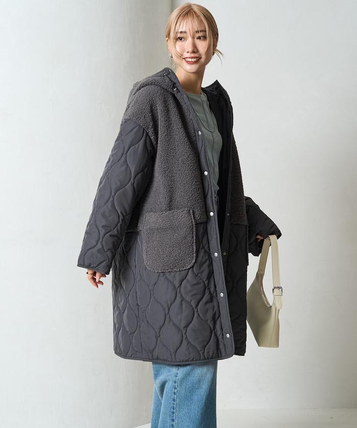 羊羔絨拼接菱格長款大衣