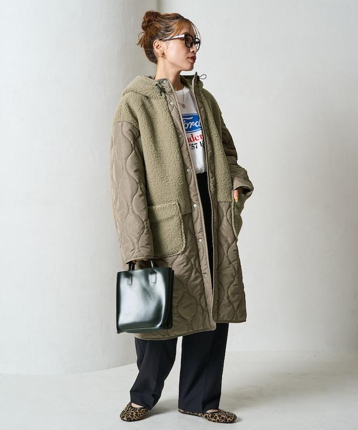 羊羔絨拼接菱格長款大衣