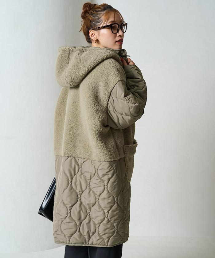 羊羔絨拼接菱格長款大衣