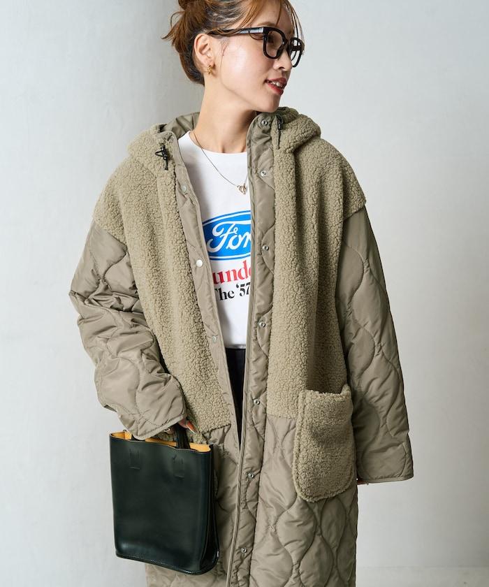 羊羔絨拼接菱格長款大衣