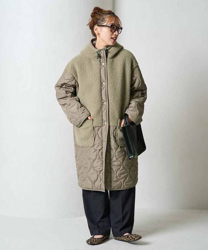 羊羔絨拼接菱格長款大衣