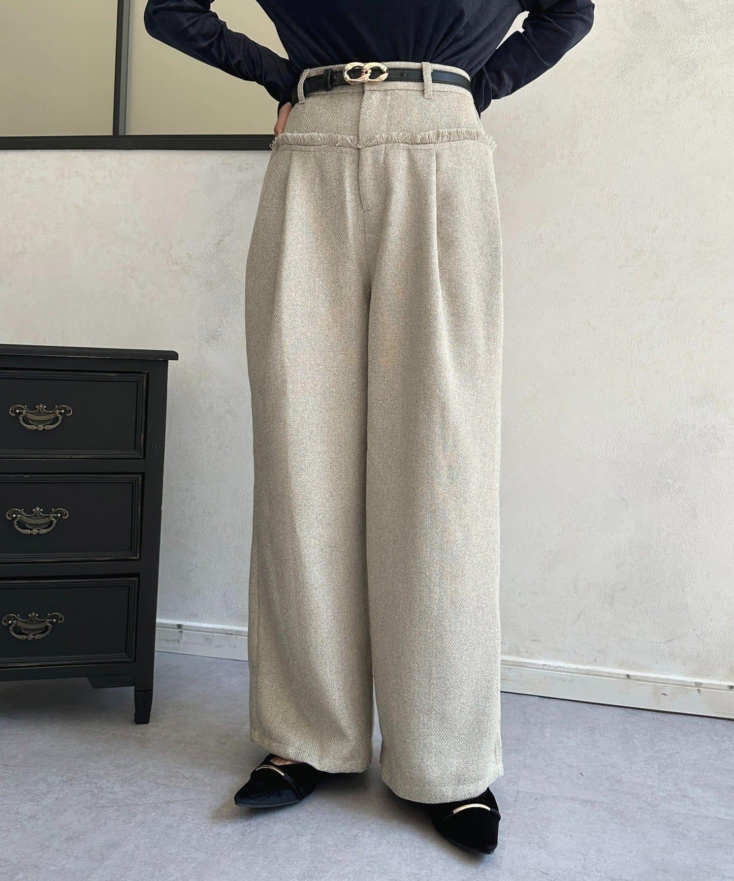 雙色流蘇褶皺長褲