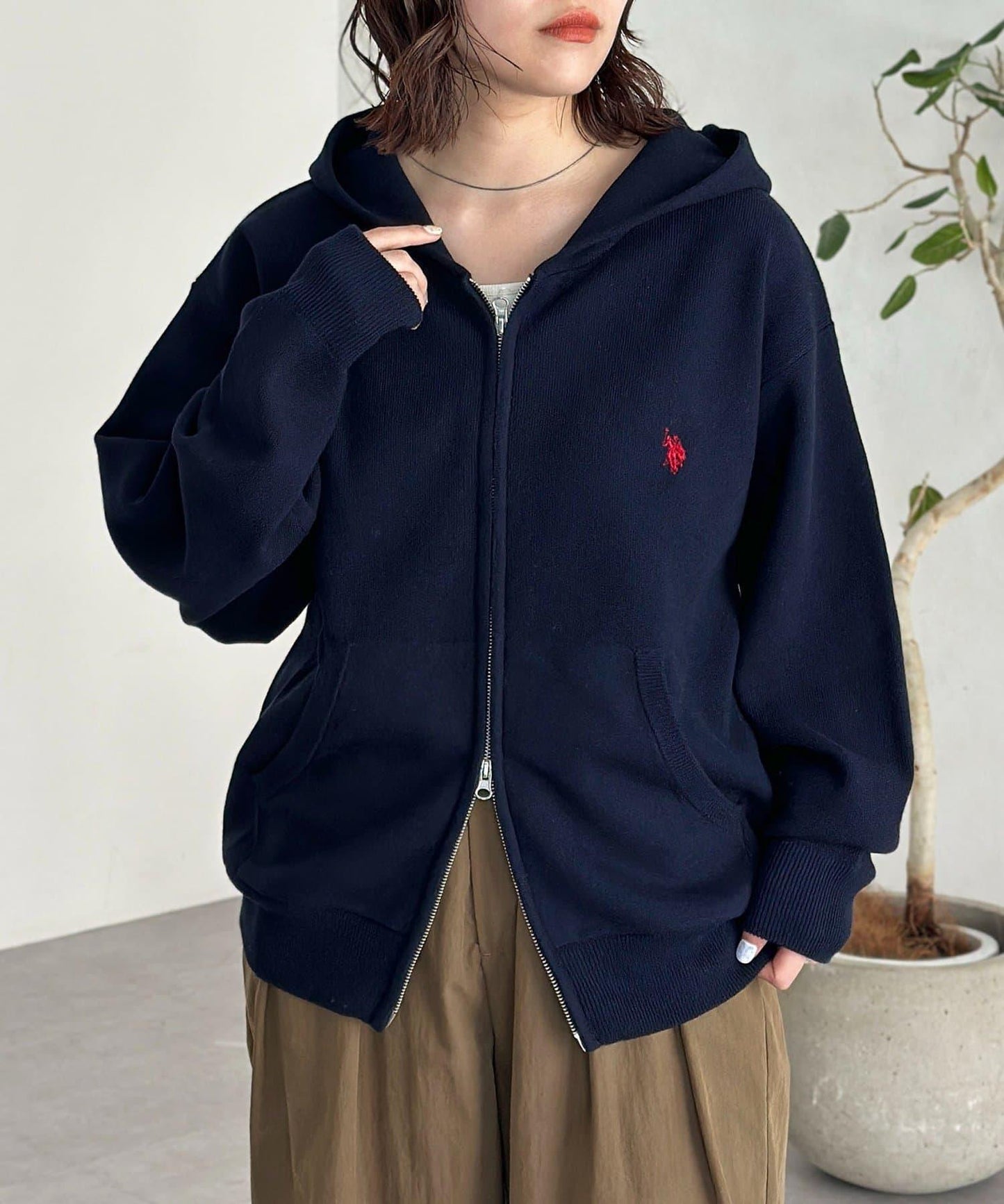 【U.S. POLO ASSN.】衛衣風針織拉鍊連帽衫