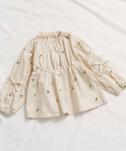 袖蝴蝶結愛心櫻桃刺繡長款上衣