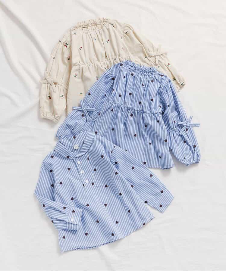 袖蝴蝶結愛心櫻桃刺繡長款上衣