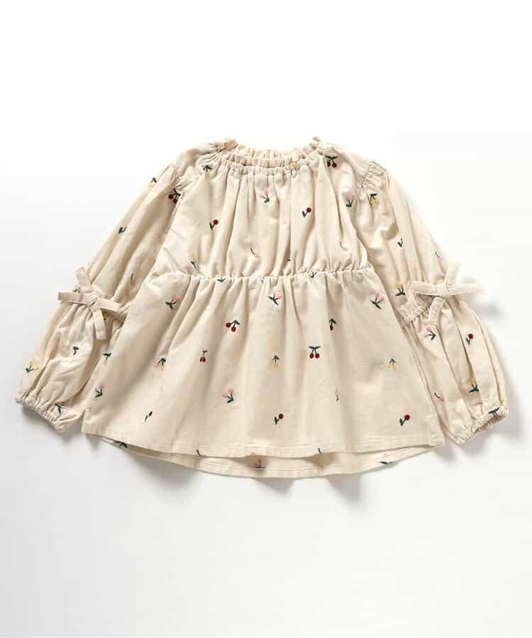 袖蝴蝶結愛心櫻桃刺繡長款上衣