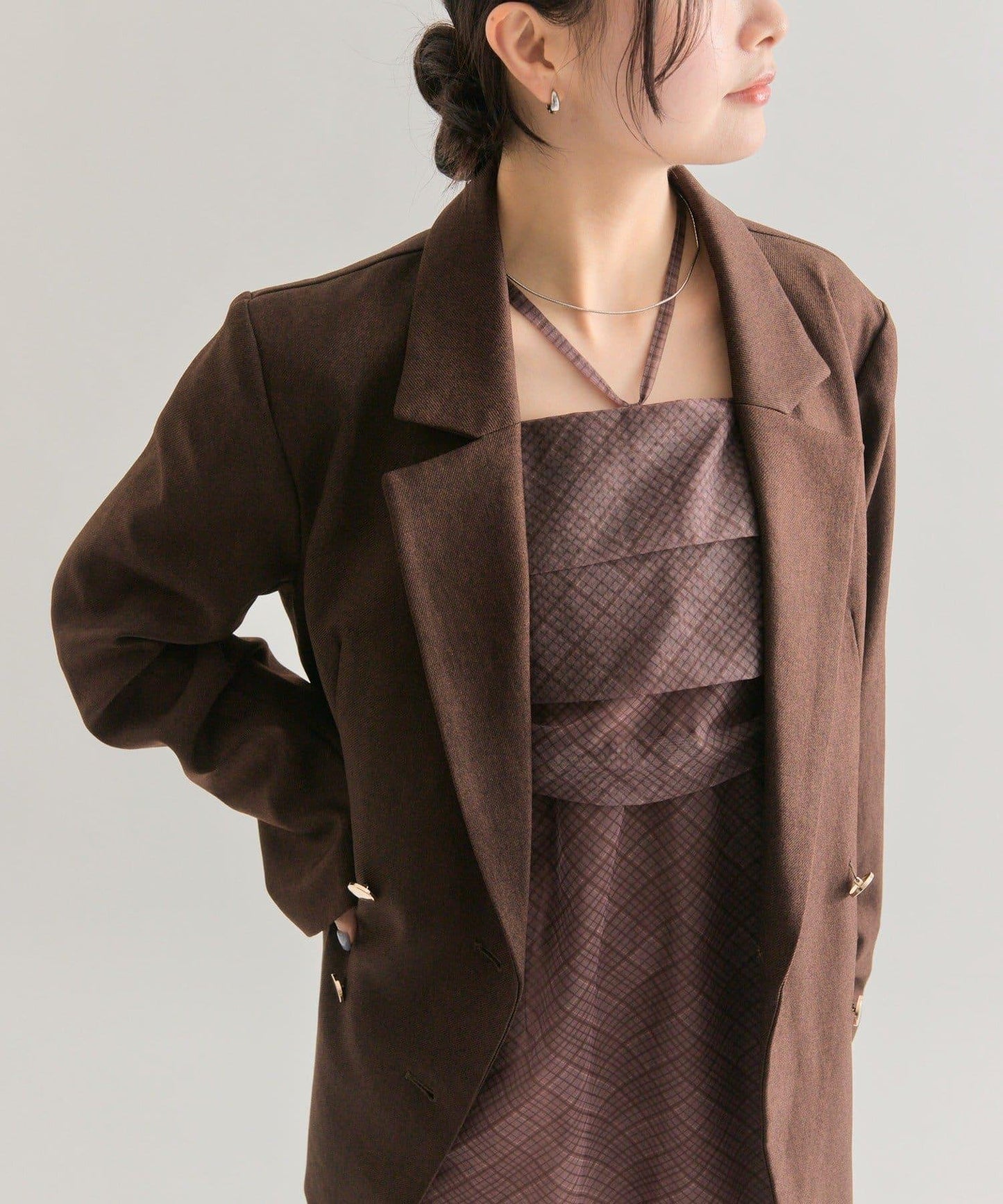 透視格紋吊帶連衣裙