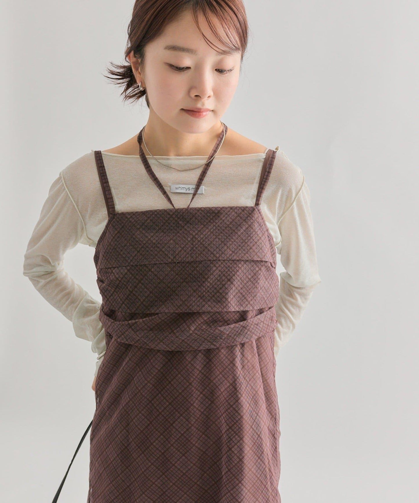 透視格紋吊帶連衣裙