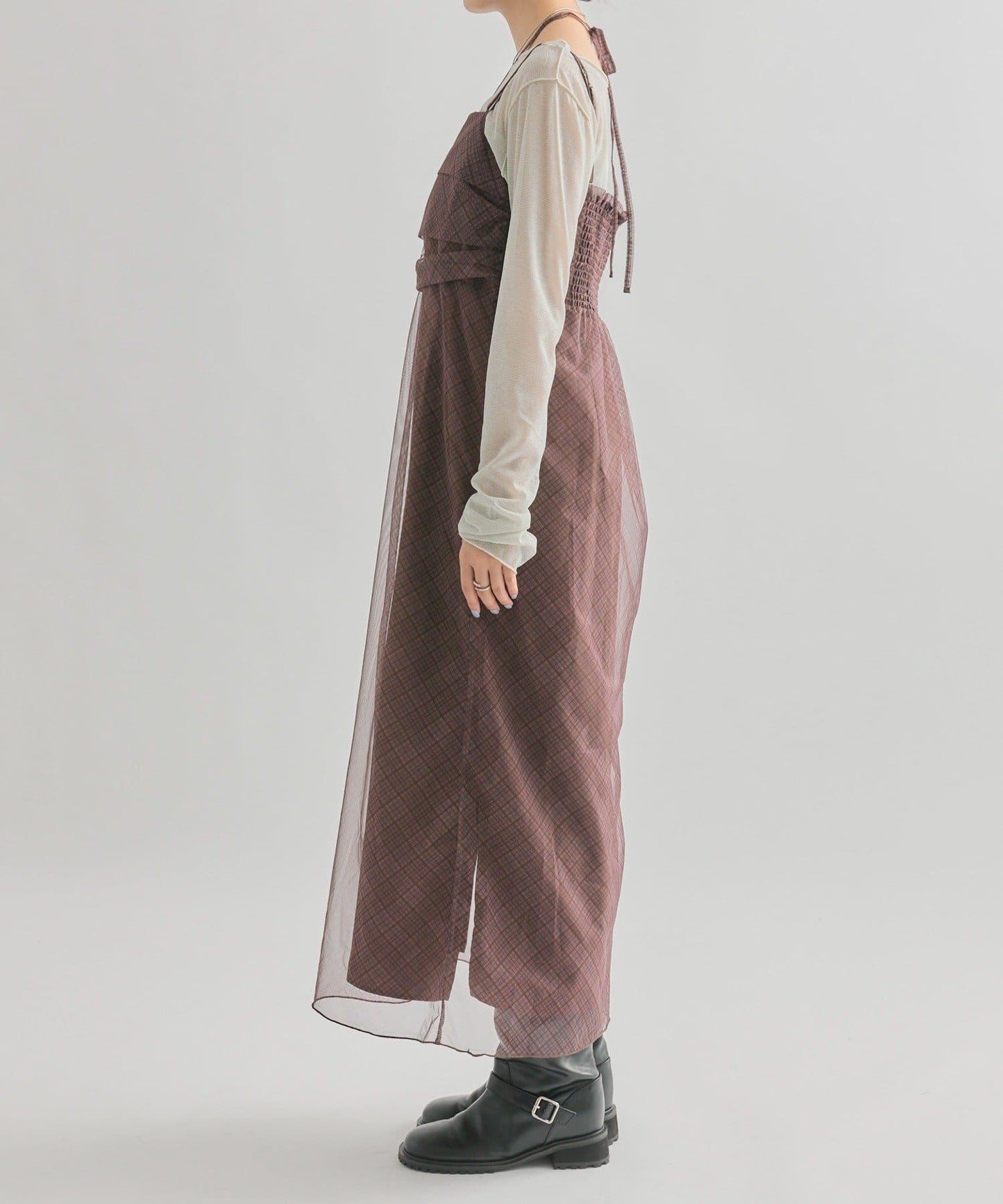 透視格紋吊帶連衣裙