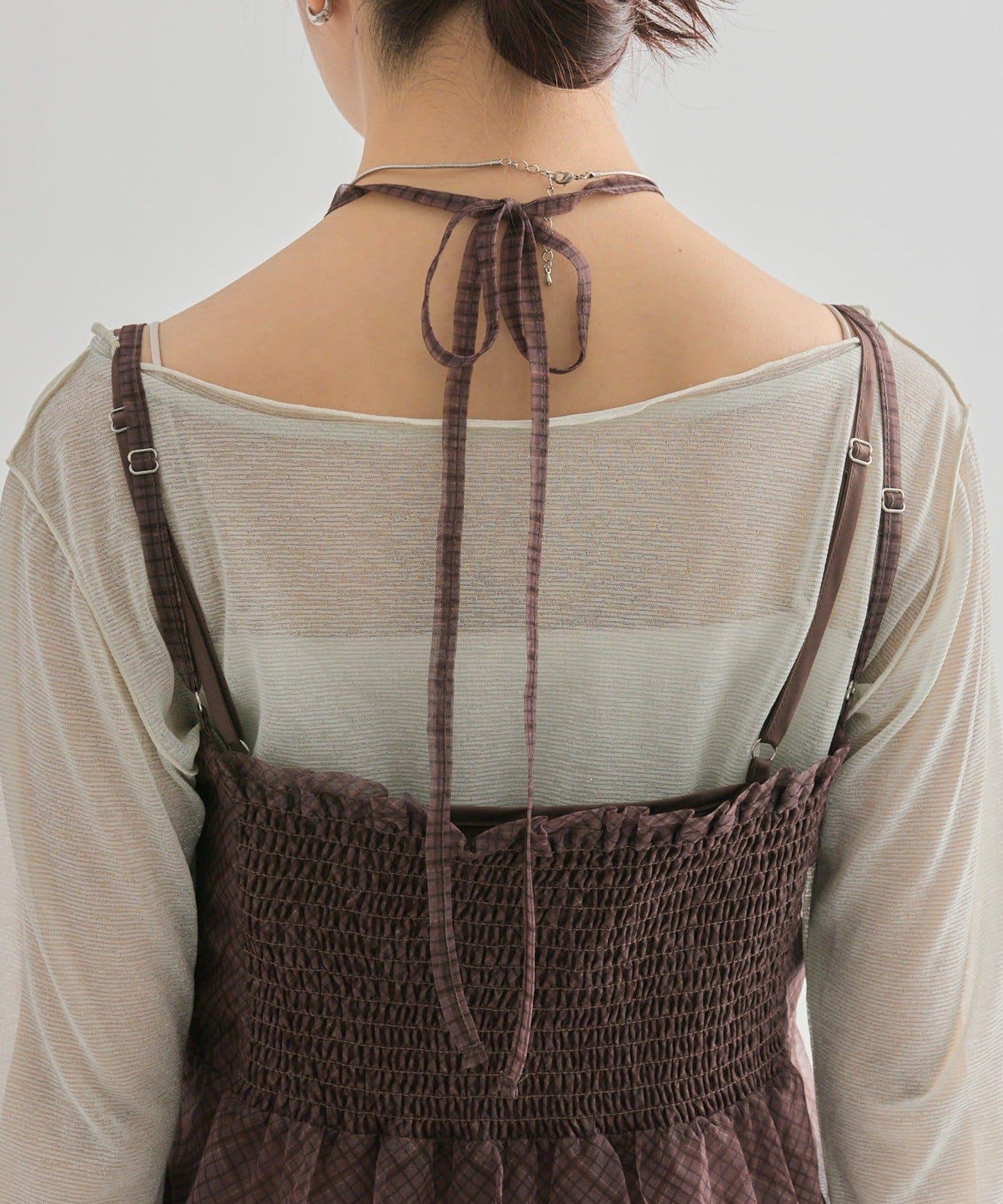 透視格紋吊帶連衣裙