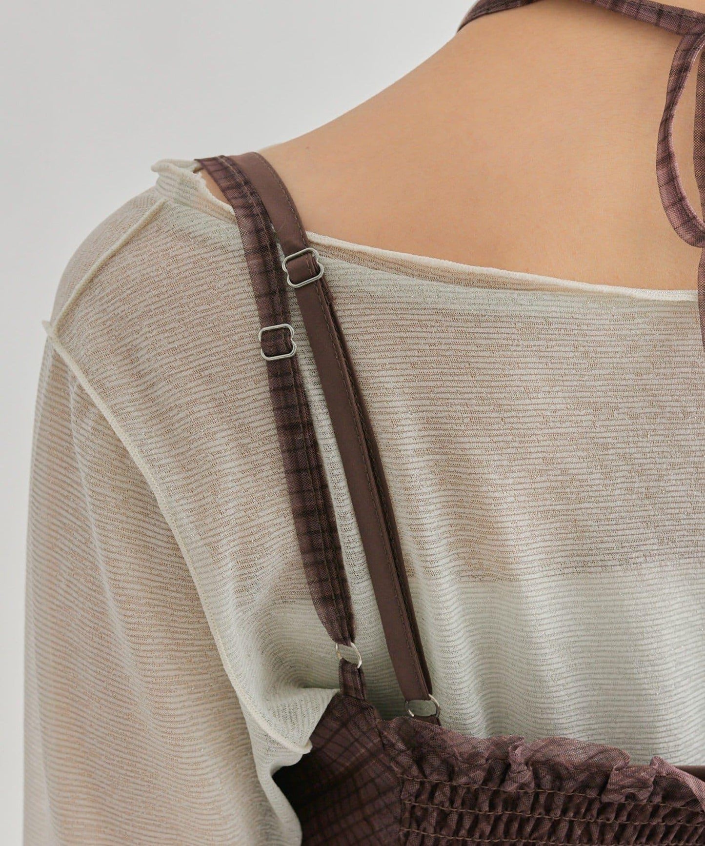 透視格紋吊帶連衣裙