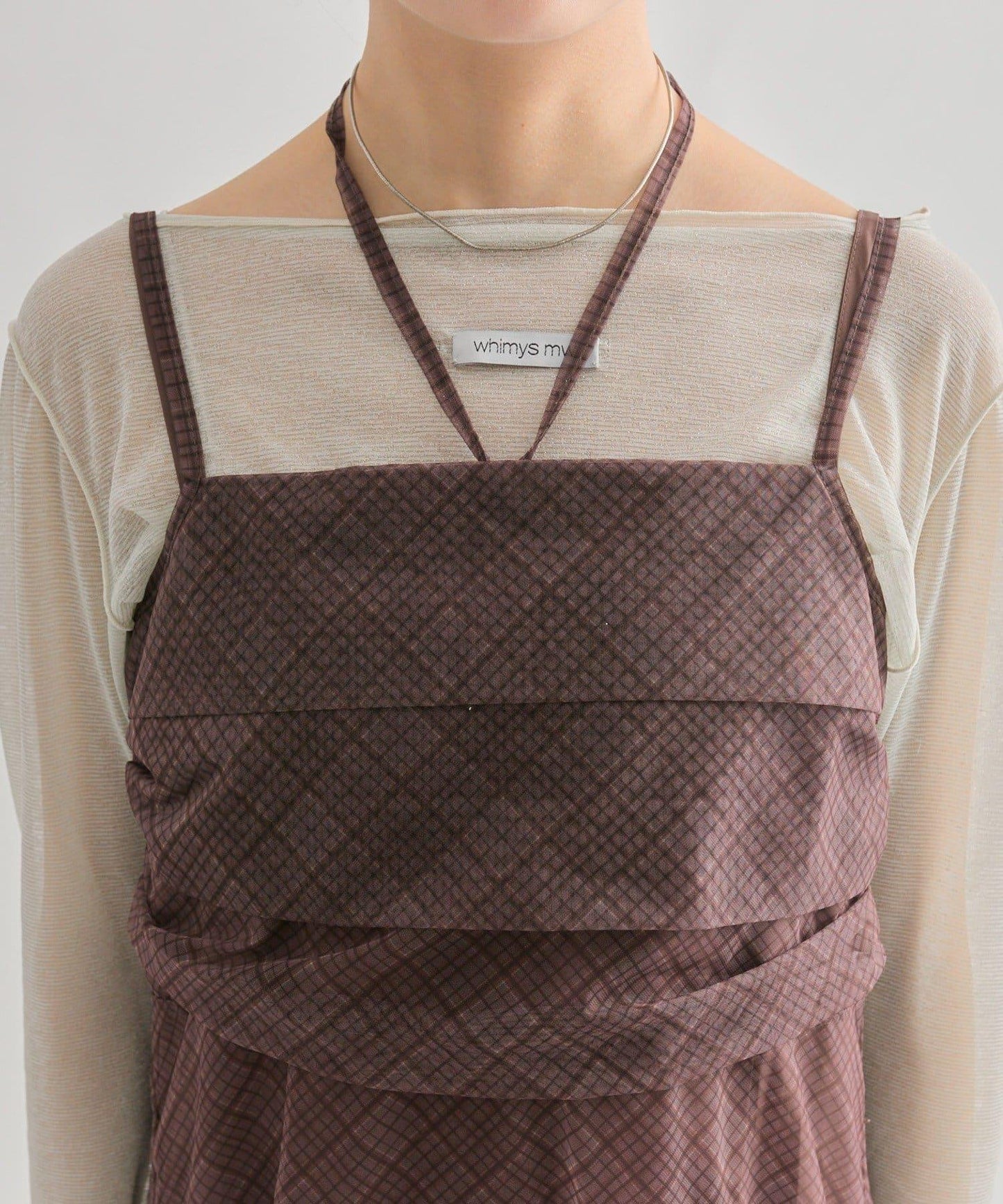 透視格紋吊帶連衣裙