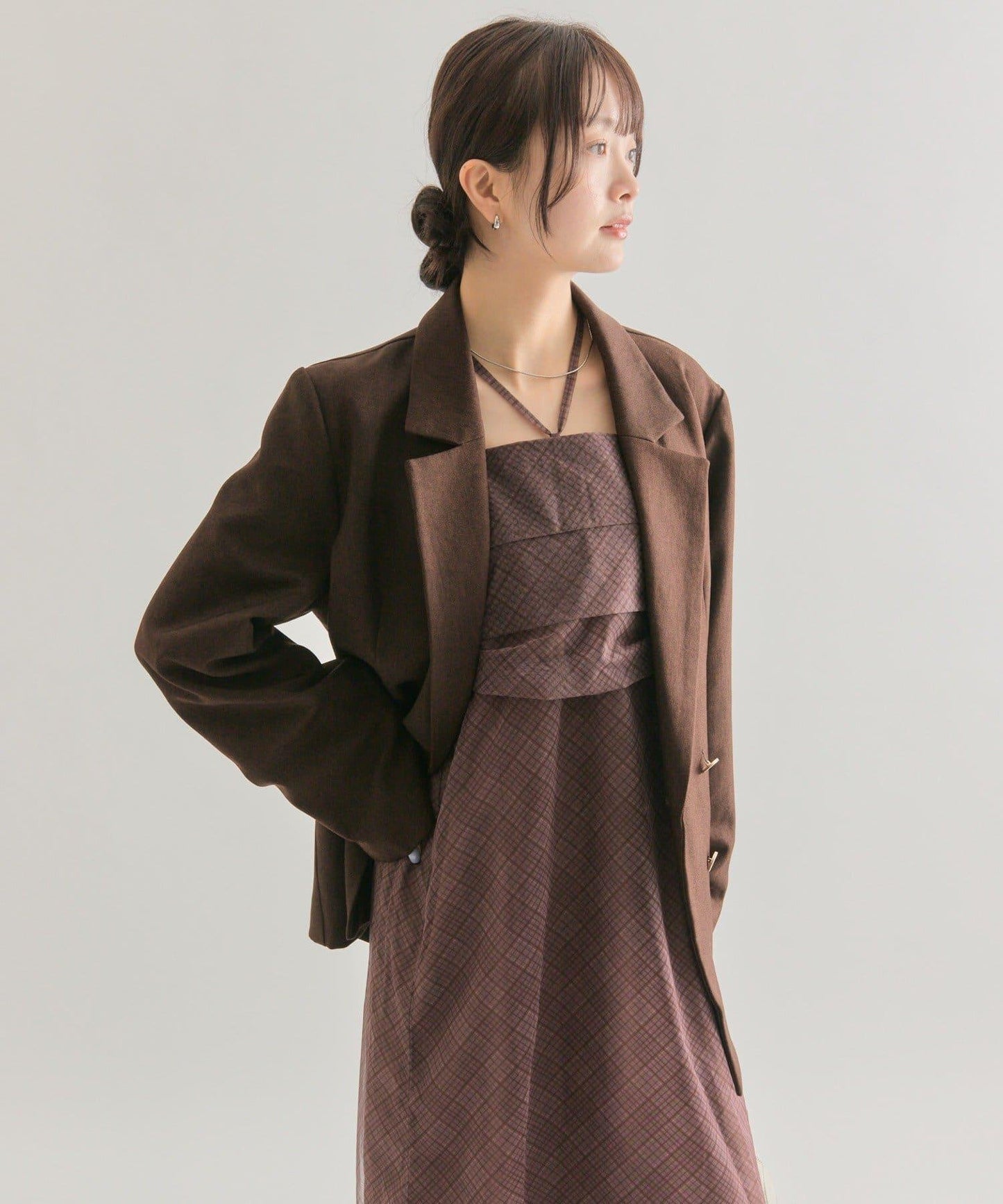 透視格紋吊帶連衣裙