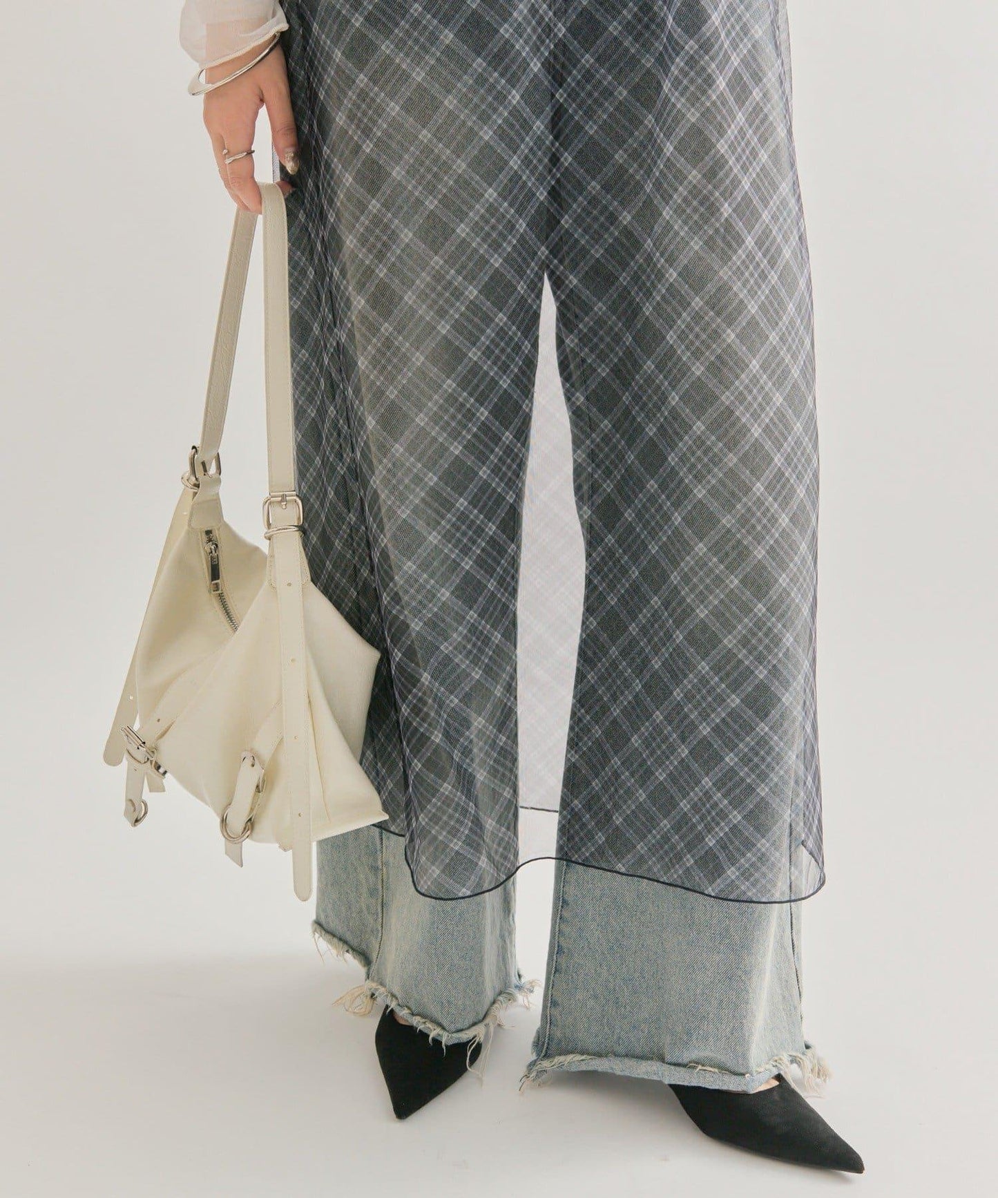 透視格紋吊帶連衣裙