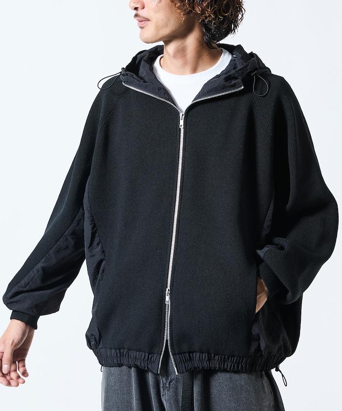 寬鬆版型尼龍拼接針織拉鍊連帽衫