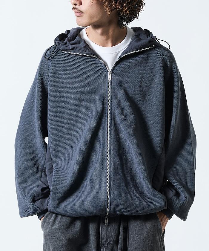 寬鬆版型尼龍拼接針織拉鍊連帽衫