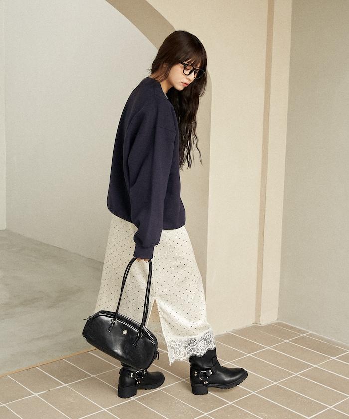 單點刺繡 下襬蕾絲 緞面吊帶連衣裙