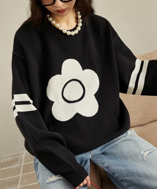 花卉圖案袖部條紋衛衣風針織衫