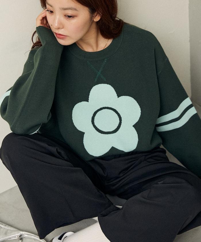 花卉圖案袖部條紋衛衣風針織衫