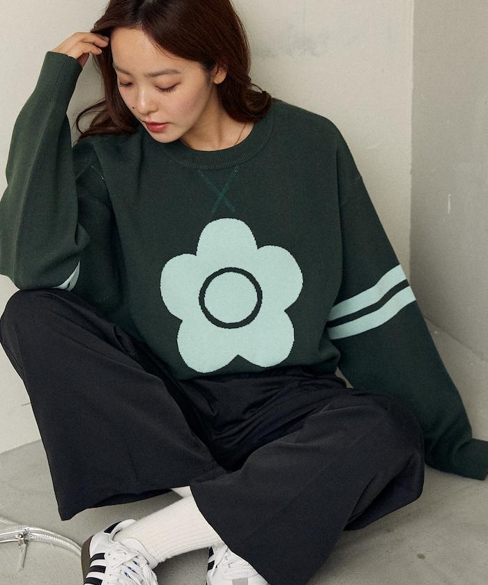 花卉圖案袖部條紋衛衣風針織衫