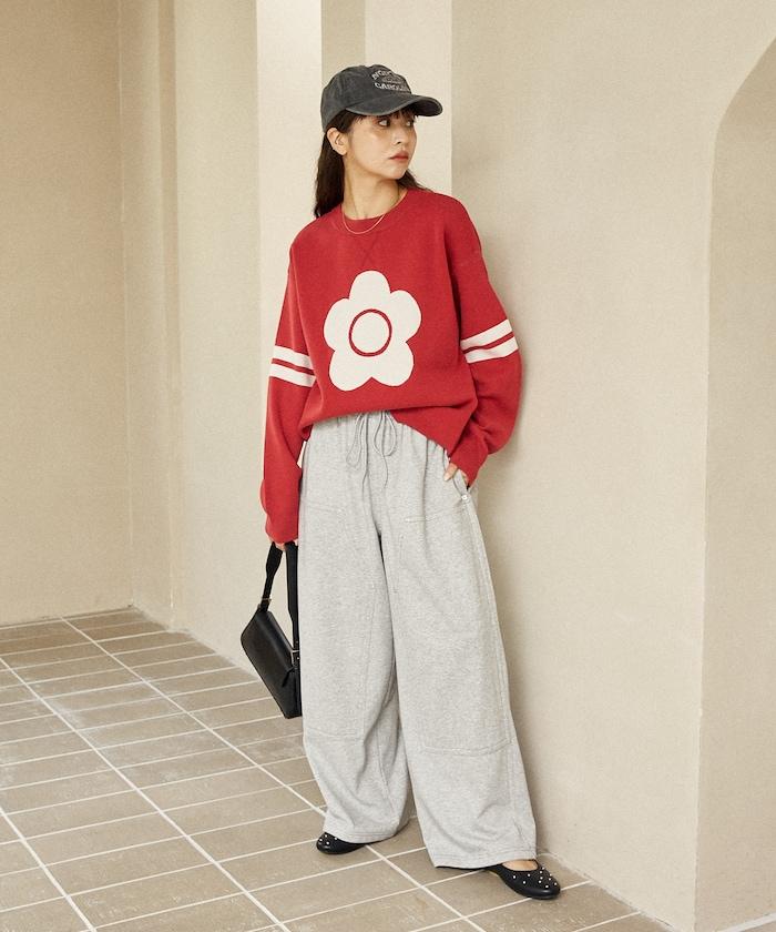 花卉圖案袖部條紋衛衣風針織衫