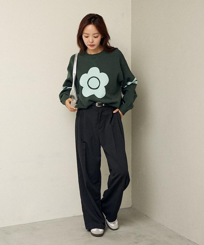 花卉圖案袖部條紋衛衣風針織衫