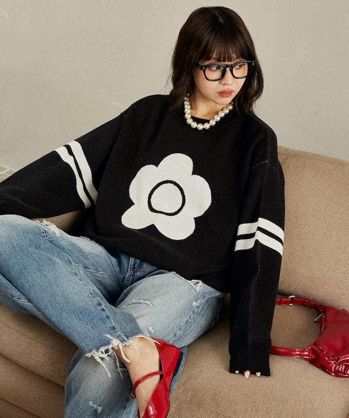 花卉圖案袖部條紋衛衣風針織衫