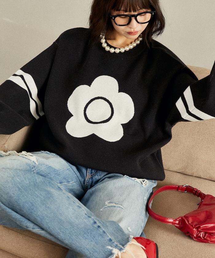 花卉圖案袖部條紋衛衣風針織衫