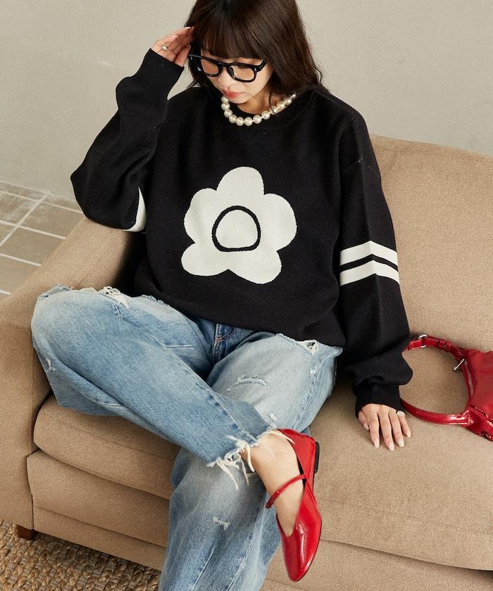 花卉圖案袖部條紋衛衣風針織衫