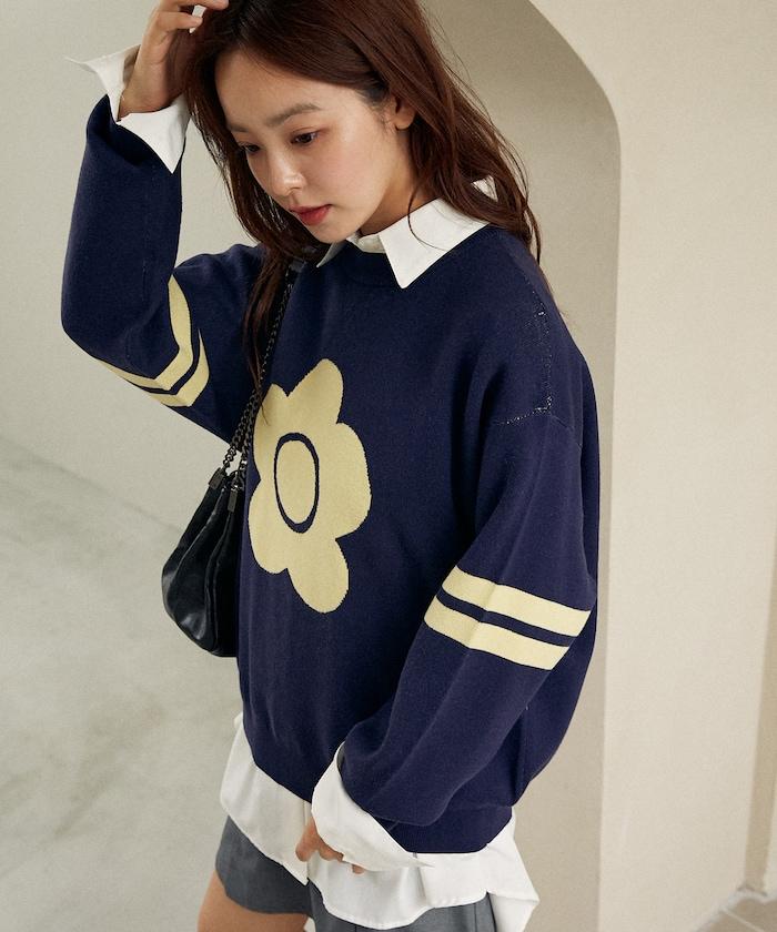 花卉圖案袖部條紋衛衣風針織衫