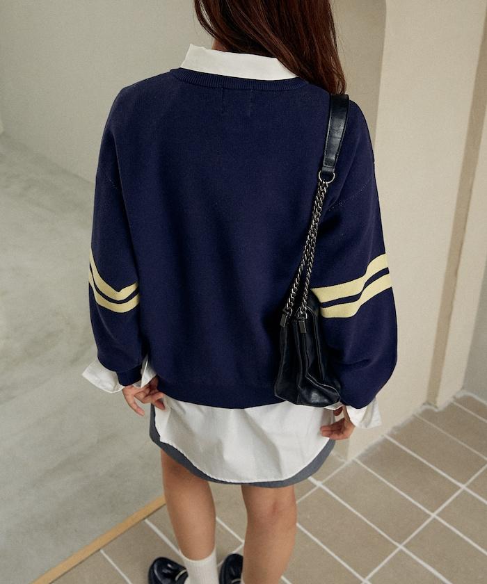 花卉圖案袖部條紋衛衣風針織衫