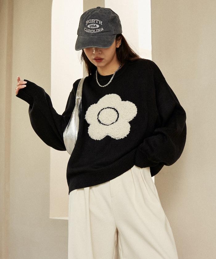 相良花卉圖案藝術提花針織衫