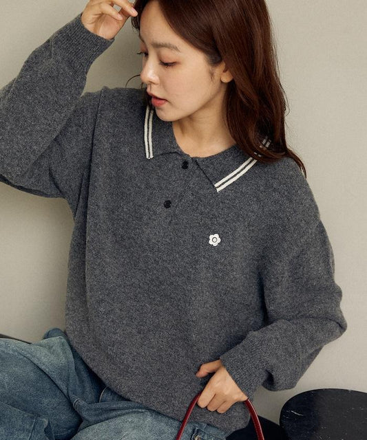 領口線條 單點刺繡 針織POLO衫