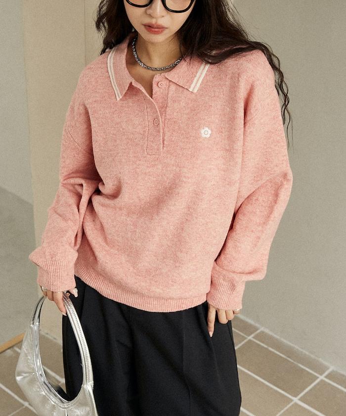領口線條 單點刺繡 針織POLO衫