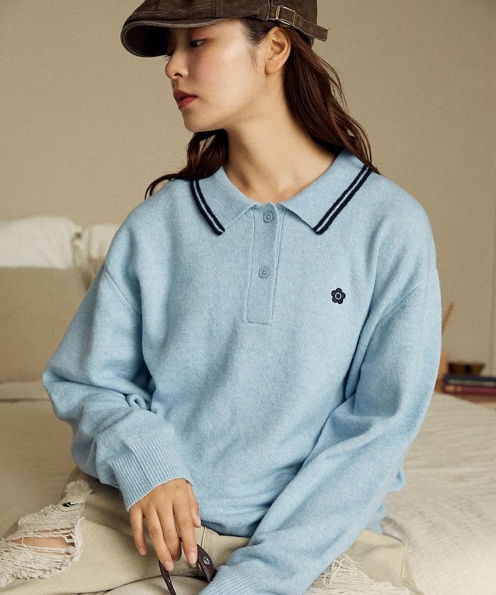 領口線條 單點刺繡 針織POLO衫