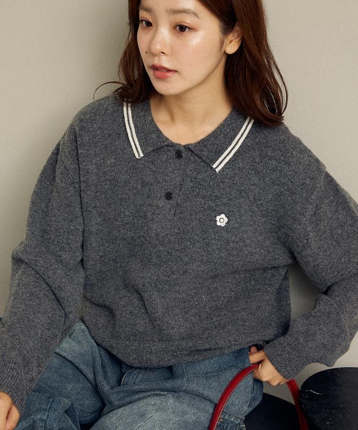 領口線條 單點刺繡 針織POLO衫
