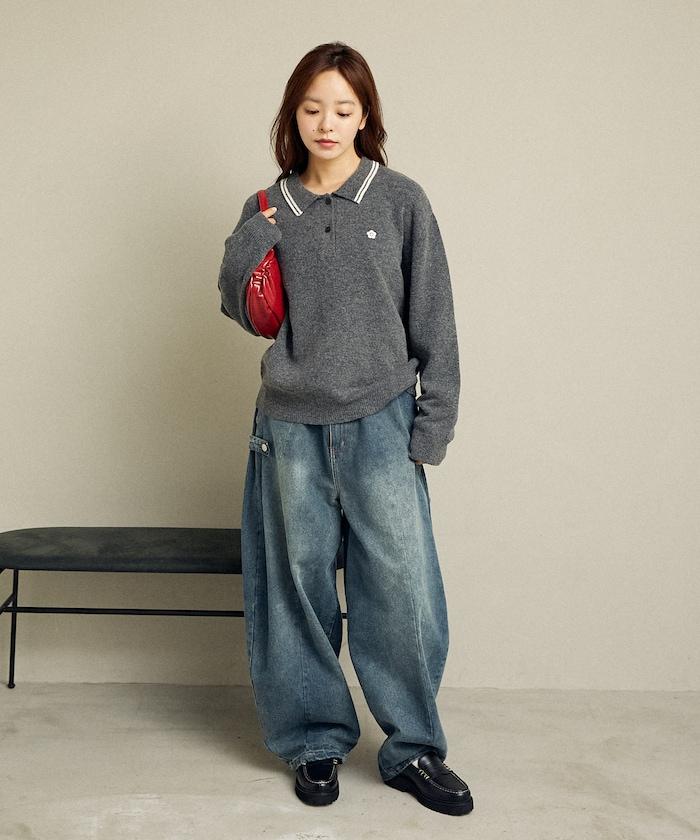 領口線條 單點刺繡 針織POLO衫