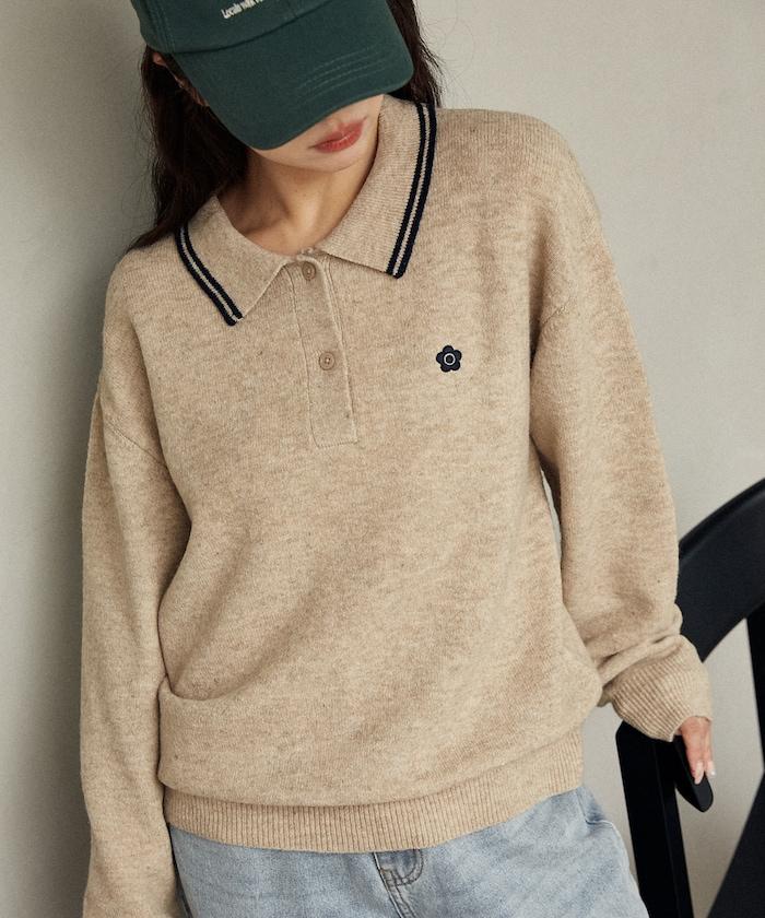 領口線條 單點刺繡 針織POLO衫