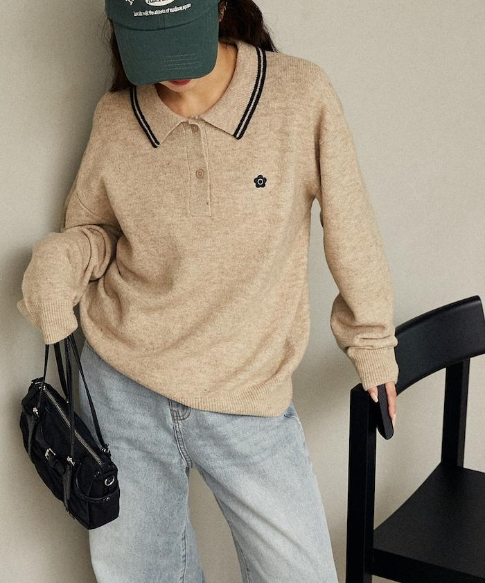 領口線條 單點刺繡 針織POLO衫